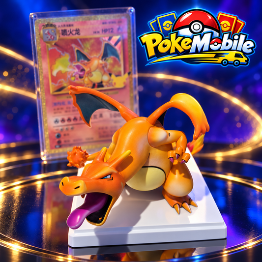 Charizard collectible figure on its white base with oversized card behind, Pokémon 30th Celebration collector guide