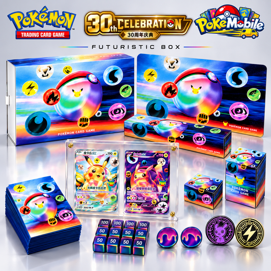 Pokémon 30th Celebration Futuristic Box with two Pikachu ex cards, display frame, playmat, sleeves, storage boxes, dice, markers and coins.